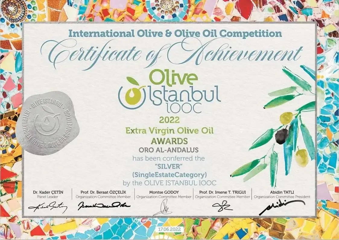 International award winning Spanish extra virgin olive oil competition certificate