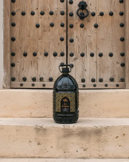 Oro Al Andalus Heritage 5L EVOO black jug with gold Andalusian arch label, placed on stone steps in front of a traditional studded wooden door in Andalusia