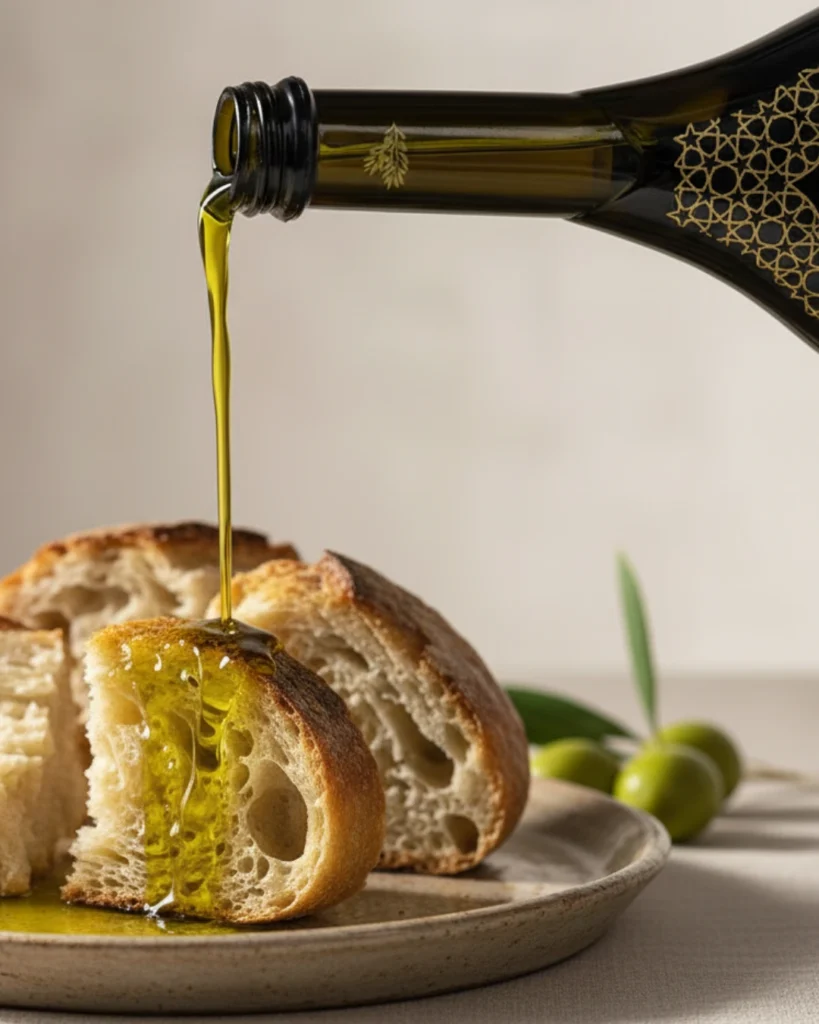 Golden stream of Oro Al Andalus Extra Virgin Olive Oil being poured from a black and gold bottle onto a slice of toasted sourdough bread, with fresh green olives on a ceramic plate